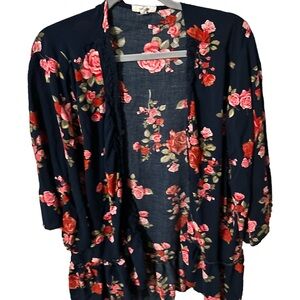Maurice's navy blue with pink and red flowers kimono size two with lace 100 % Ra